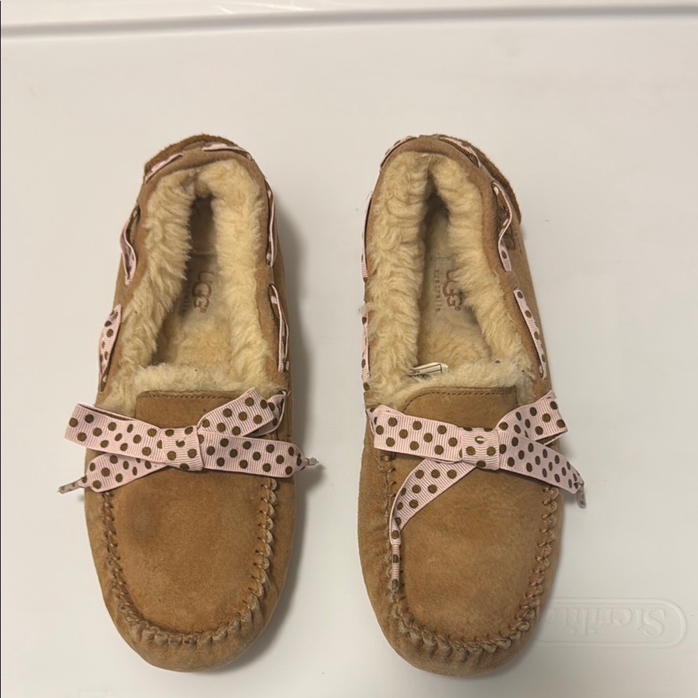 UGG Tan Slippers with Pink Polka Dot Bow